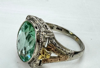 Vintage Rare 14K Two Tone Filigree Green Topaz Ring 3.5g Size 4 JR1831