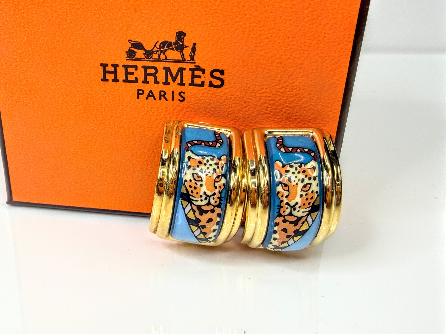 Vintage Hermès Leopard Cloisonné Enamel Gold Clip Earrings Made in France GS831