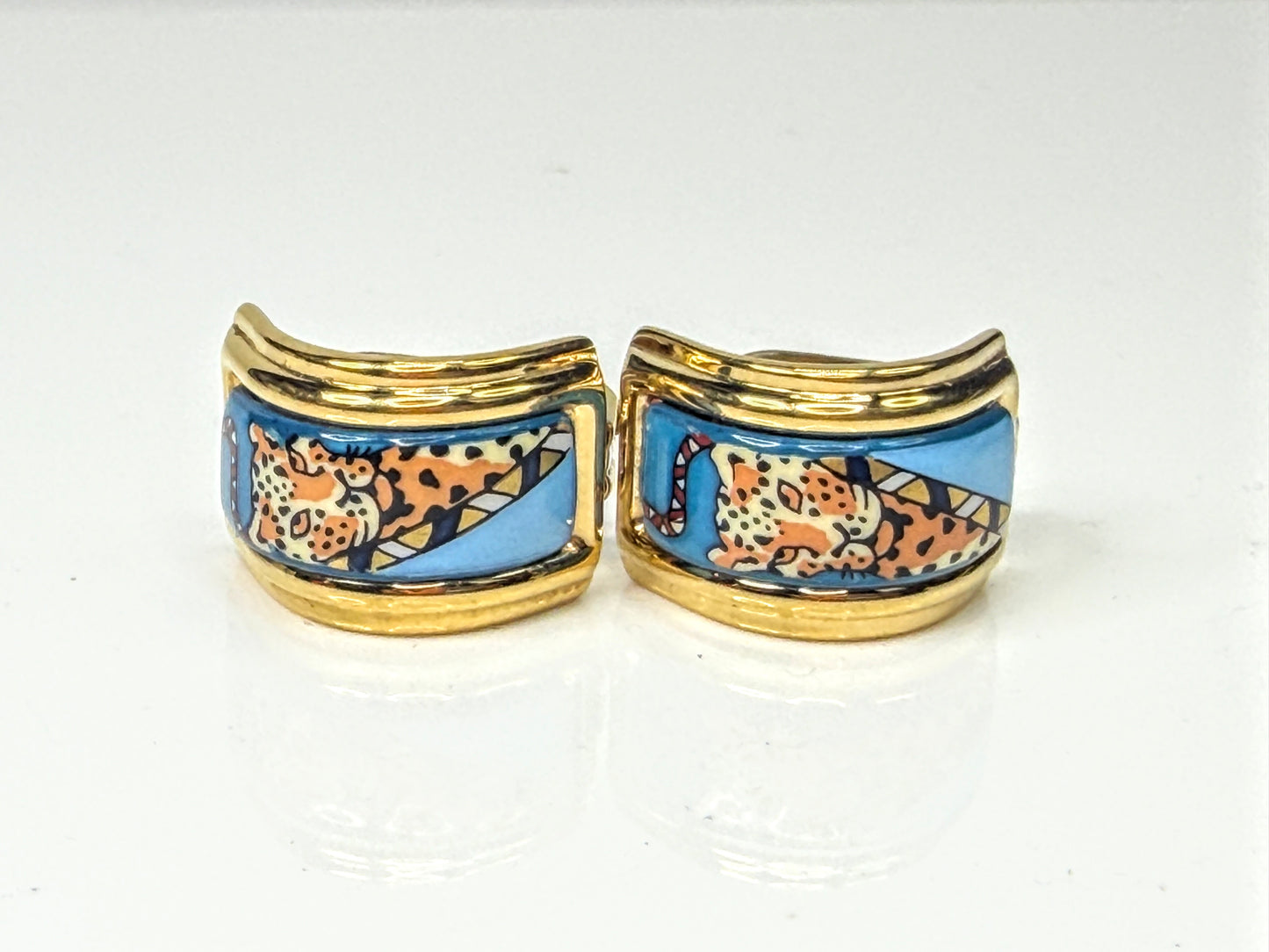 Vintage Hermès Leopard Cloisonné Enamel Gold Clip Earrings Made in France GS831
