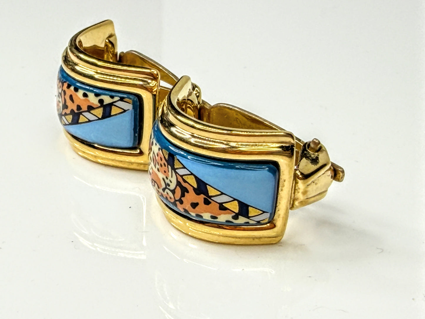 Vintage Hermès Leopard Cloisonné Enamel Gold Clip Earrings Made in France GS831