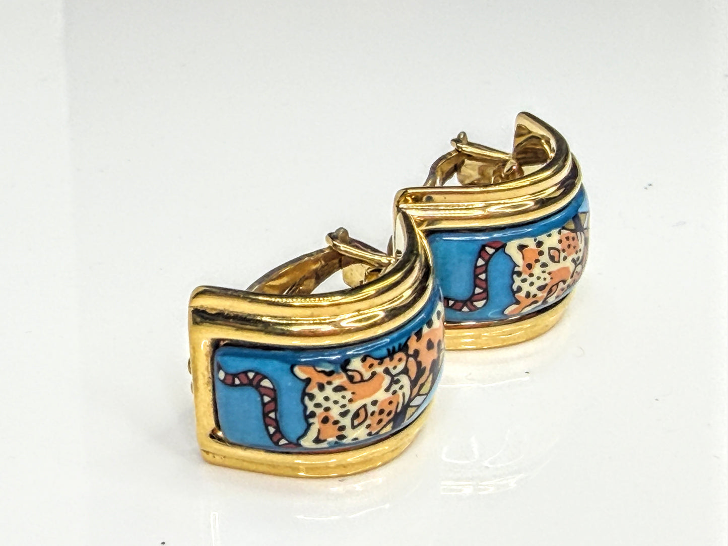 Vintage Hermès Leopard Cloisonné Enamel Gold Clip Earrings Made in France GS831