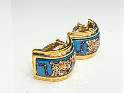 Vintage Hermès Leopard Cloisonné Enamel Gold Clip Earrings Made in France GS831