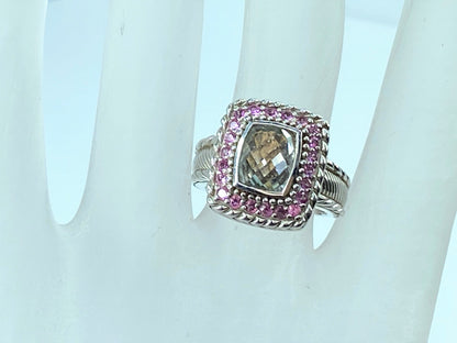 Judith Ripka sterling silver green amethyst pink sapphire ring