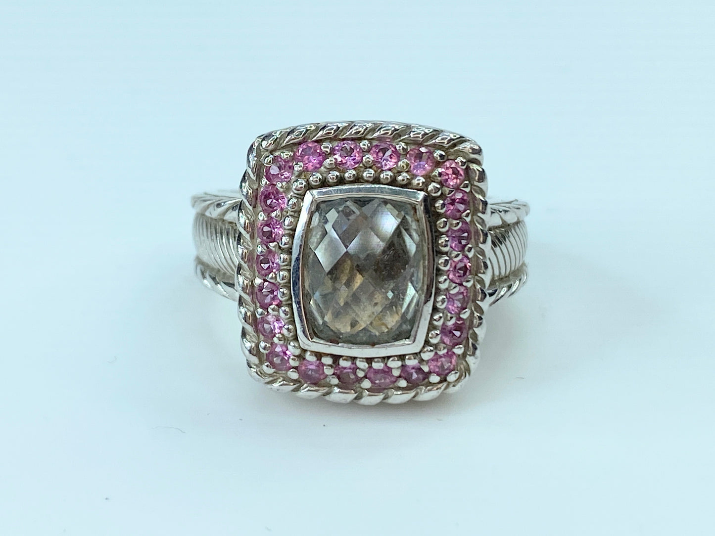 Judith Ripka sterling silver green amethyst pink sapphire ring