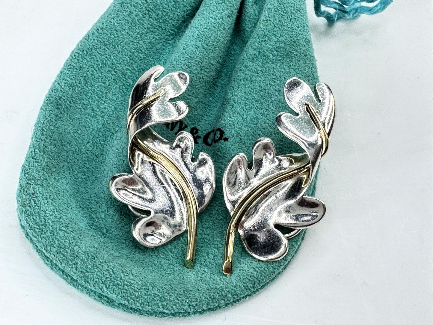 Vintage 1983 Tiffany & Co. Sterling 18K Oak Leaf Clip Earrings  2" 12.7g JR1833