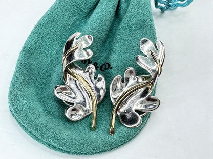 Vintage 1983 Tiffany & Co. Sterling 18K Oak Leaf Clip Earrings  2" 12.7g JR1833