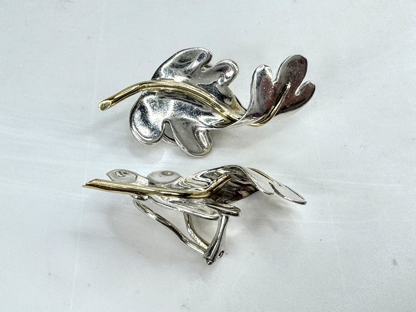 Vintage 1983 Tiffany & Co. Sterling 18K Oak Leaf Clip Earrings  2" 12.7g JR1833
