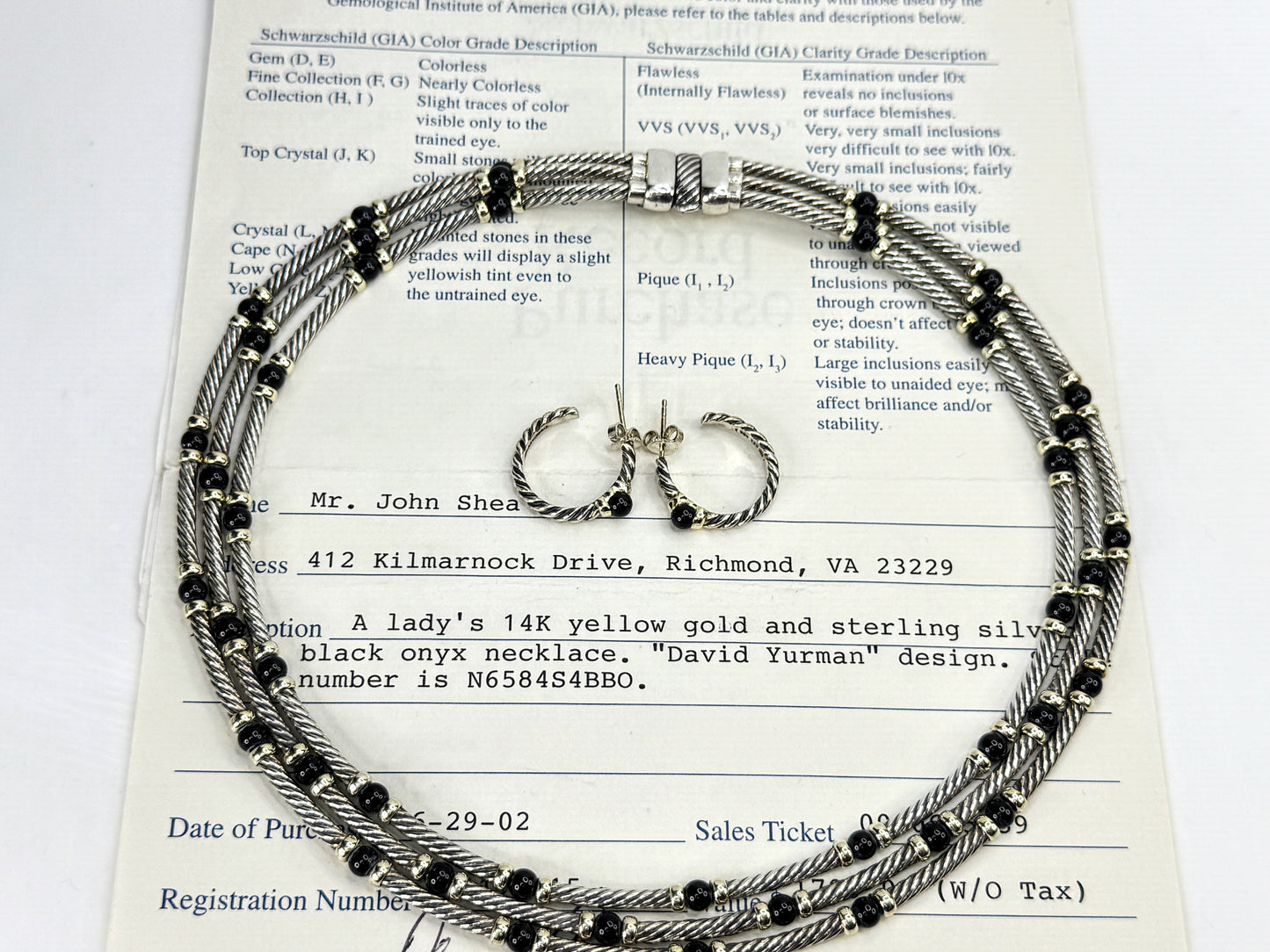 Vintage David Yurman Sterling 14K Black Onyx Cable Necklace Earrings Set JR1834