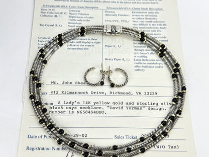 Vintage David Yurman Sterling 14K Black Onyx Cable Necklace Earrings Set JR1834