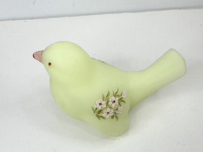 Fenton satin custard uranium art glass bird floral handpainted by L Fleming A487