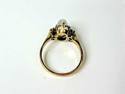 Vintage 1940s 14K Gold Oval Moonstone Cabochon Diamond Accents Ring 6 JR1653