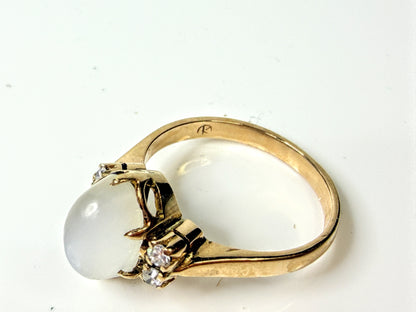 Vintage 1940s 14K Gold Oval Moonstone Cabochon Diamond Accents Ring 6 JR1653