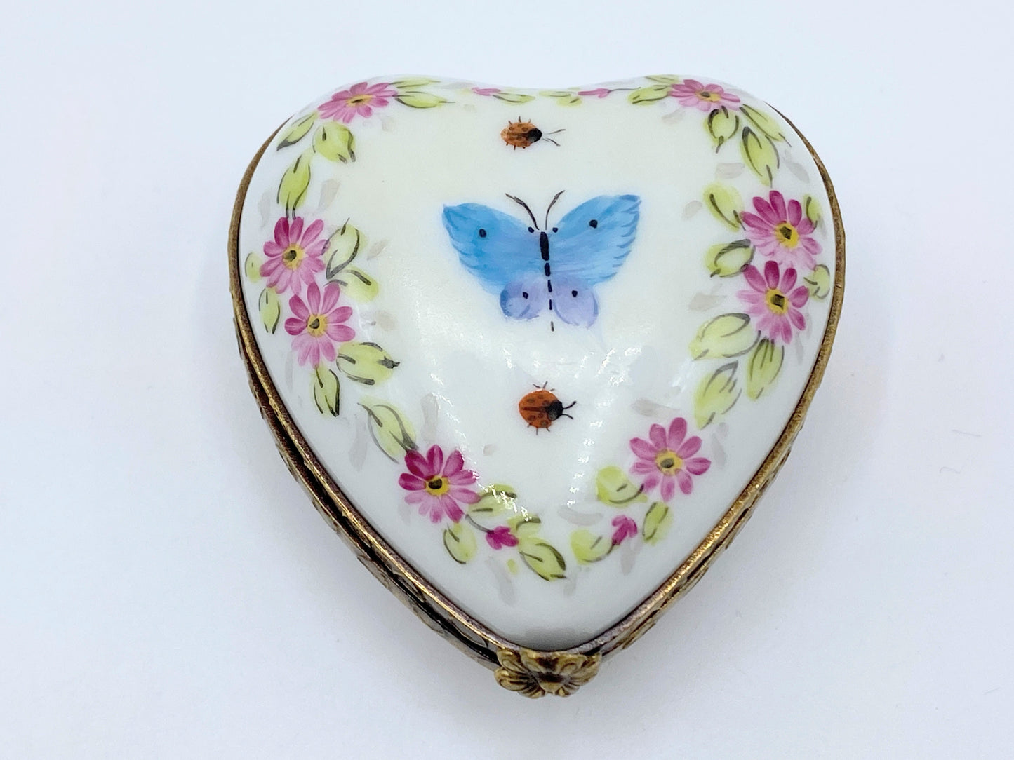Limoges France Peint Main Blue Butterfly Heart shape box heart trim work