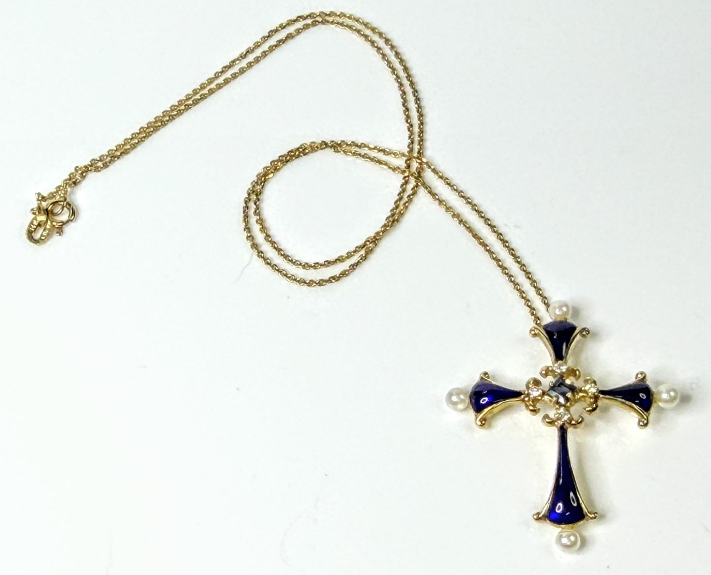 Vintage Faberge 14K Gold Sapphire Pearl Diamond Enamel Cross Necklace JR1655