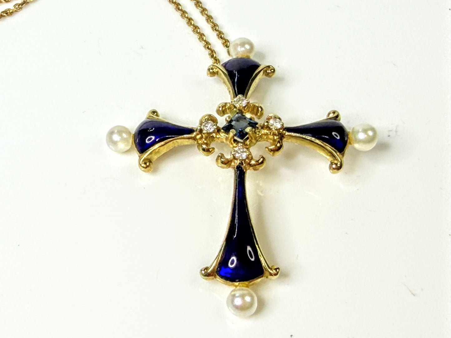 Vintage Faberge 14K Gold Sapphire Pearl Diamond Enamel Cross Necklace JR1655