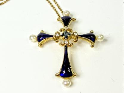 Vintage Faberge 14K Gold Sapphire Pearl Diamond Enamel Cross Necklace JR1655