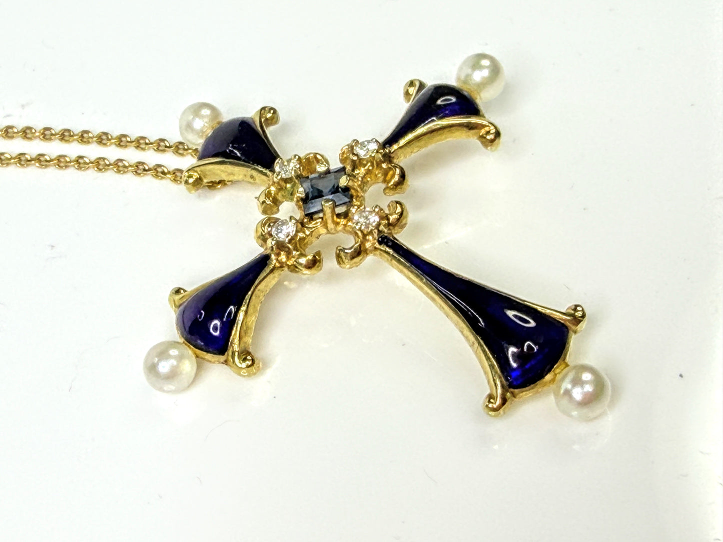 Vintage Faberge 14K Gold Sapphire Pearl Diamond Enamel Cross Necklace JR1655
