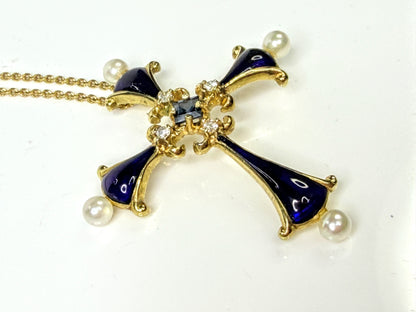Vintage Faberge 14K Gold Sapphire Pearl Diamond Enamel Cross Necklace JR1655