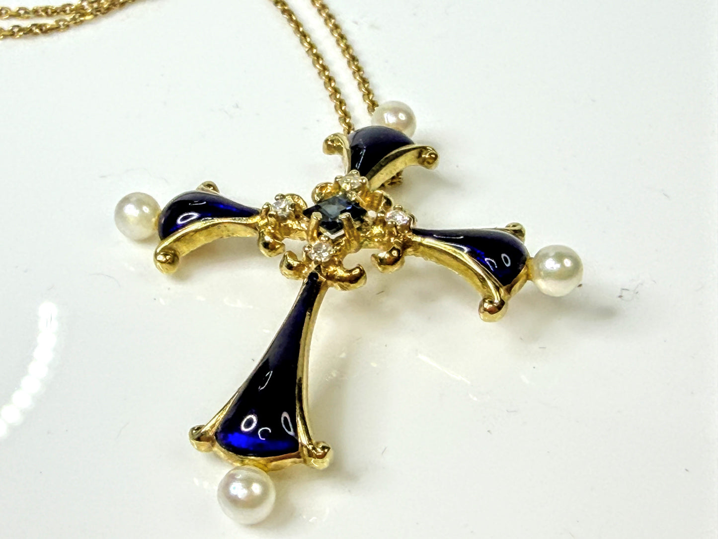 Vintage Faberge 14K Gold Sapphire Pearl Diamond Enamel Cross Necklace JR1655