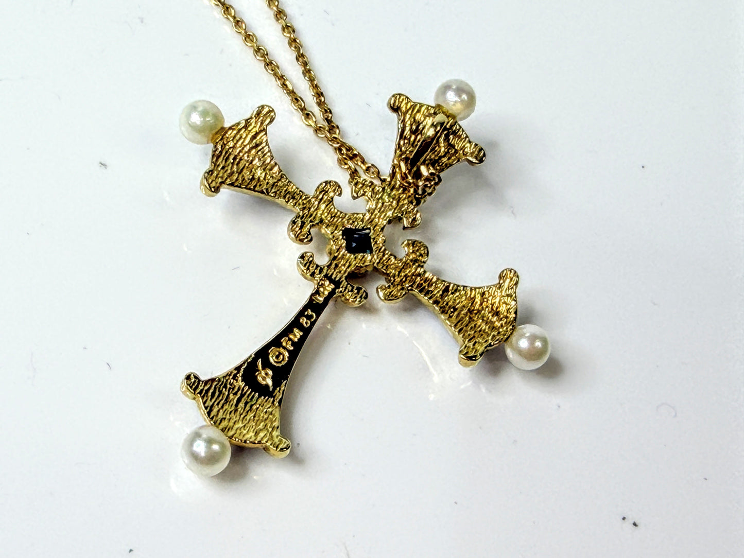 Vintage Faberge 14K Gold Sapphire Pearl Diamond Enamel Cross Necklace JR1655
