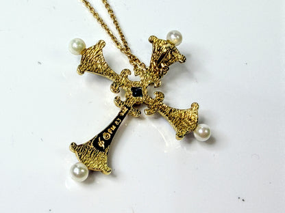 Vintage Faberge 14K Gold Sapphire Pearl Diamond Enamel Cross Necklace JR1655