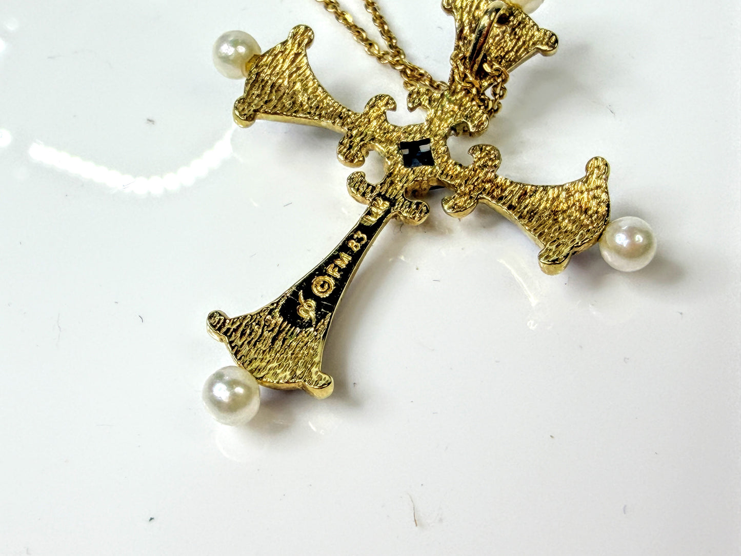 Vintage Faberge 14K Gold Sapphire Pearl Diamond Enamel Cross Necklace JR1655