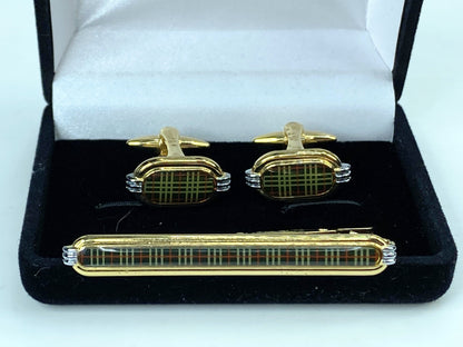 Burberry gold silvery tone Green Nova check cufflink tie clip GS462