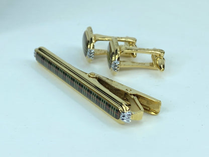 Burberry gold silvery tone Green Nova check cufflink tie clip GS462