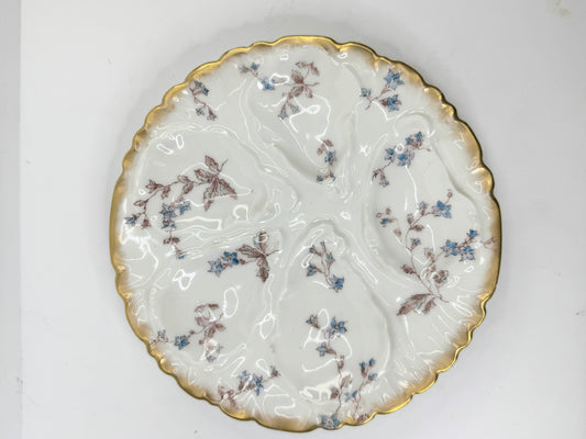 Charles Field Haviland Limoges Oyster Plate Antique Pink and Blue Floral A492