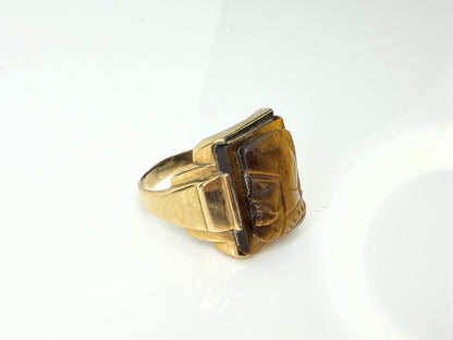 Vintage 10K Gold Soldier Cameo Carved Tiger Eye Signet Ring Size 8.75 JR1657