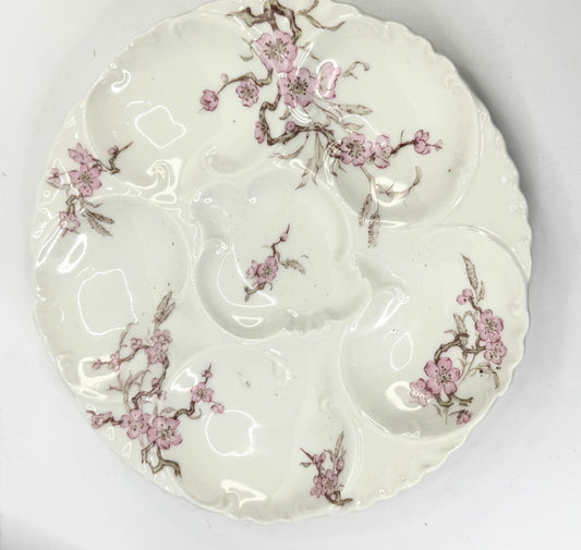 Antique Limoges Haviland & Co. Oyster Plate, Sakura Pink Flowers White 8.5" A494