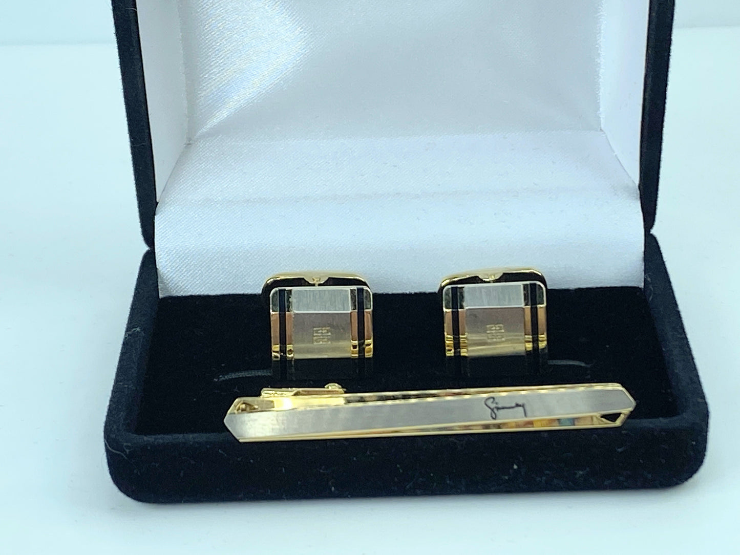 Givenchy Cufflink Tie Clip Set – Black enamel Silver tone with Gold Gilt GS526