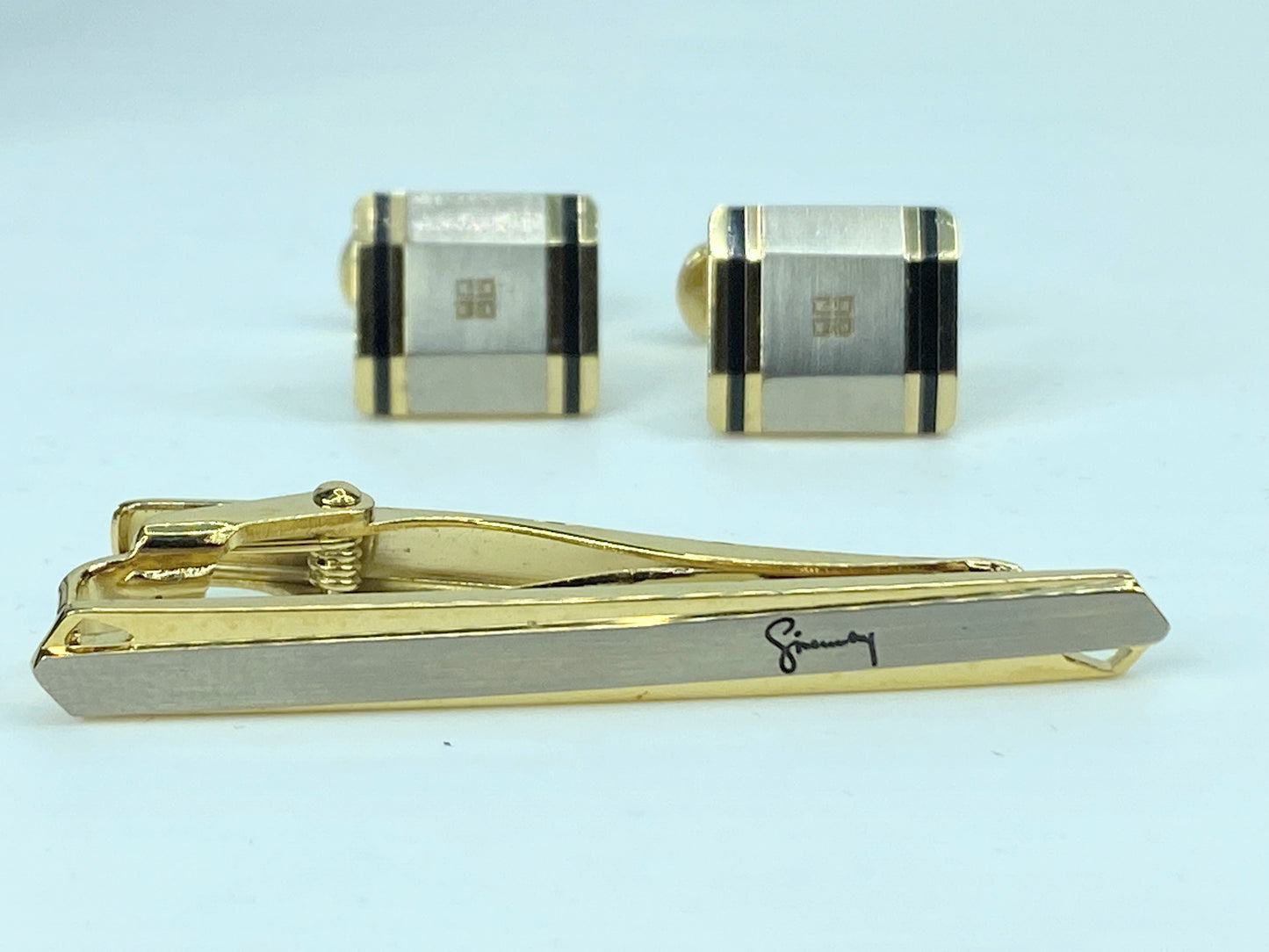 Givenchy Cufflink Tie Clip Set – Black enamel Silver tone with Gold Gilt GS526