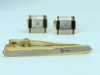 Givenchy Cufflink Tie Clip Set – Black enamel Silver tone with Gold Gilt GS526