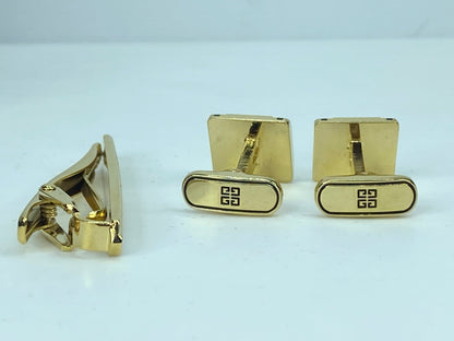 Givenchy Cufflink Tie Clip Set – Black enamel Silver tone with Gold Gilt GS526