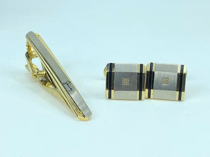 Givenchy Cufflink Tie Clip Set – Black enamel Silver tone with Gold Gilt GS526