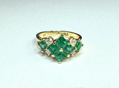 Vintage 14K Yellow Gold Emerald Diamond Princess Cluster Ring Sz 6.25 JR1660