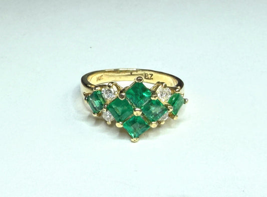 Vintage 14K Yellow Gold Emerald Diamond Princess Cluster Ring Sz 6.25 JR1660