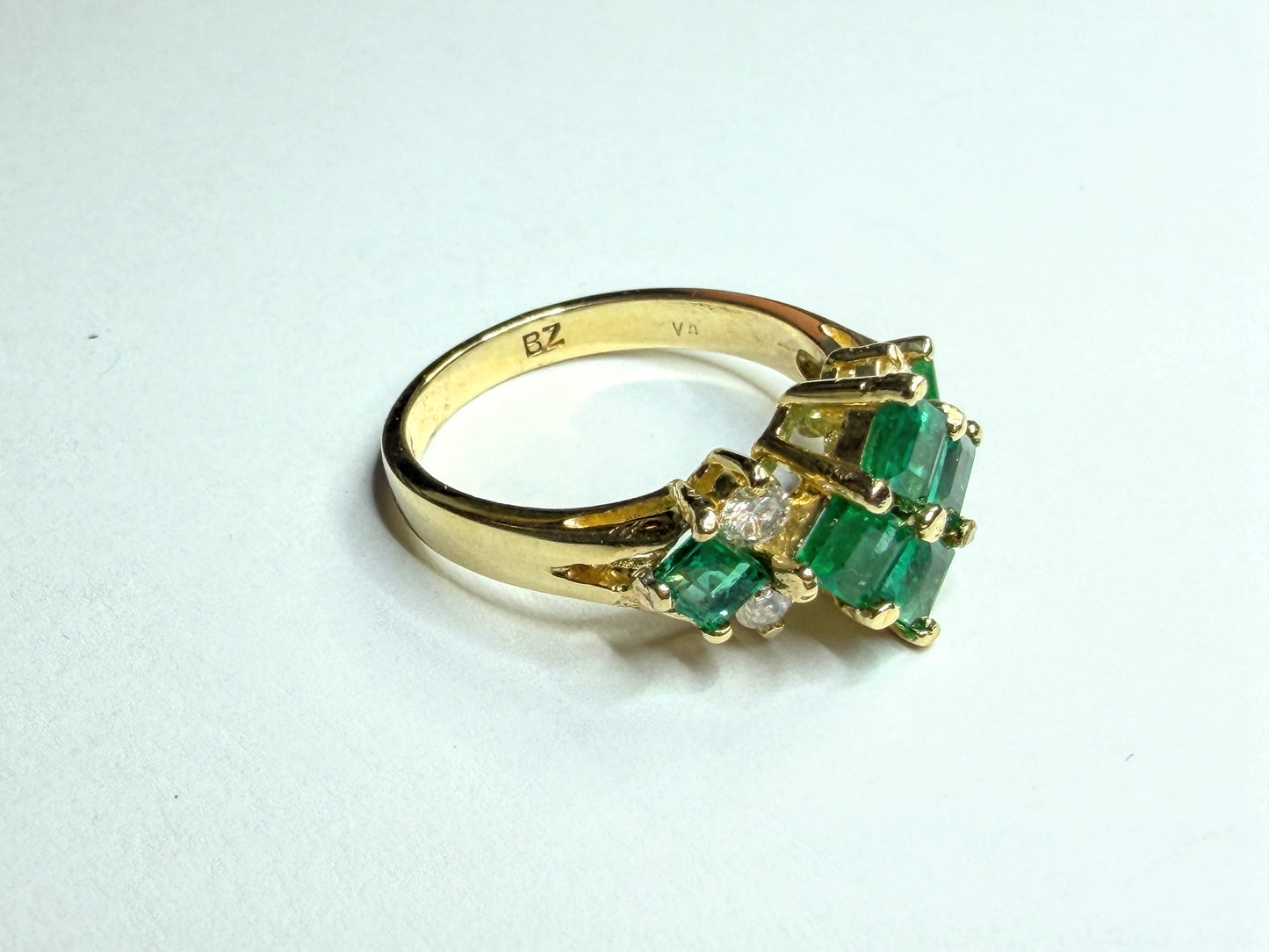 Vintage 14K Yellow Gold Emerald Diamond Princess Cluster Ring Sz 6.25 JR1660