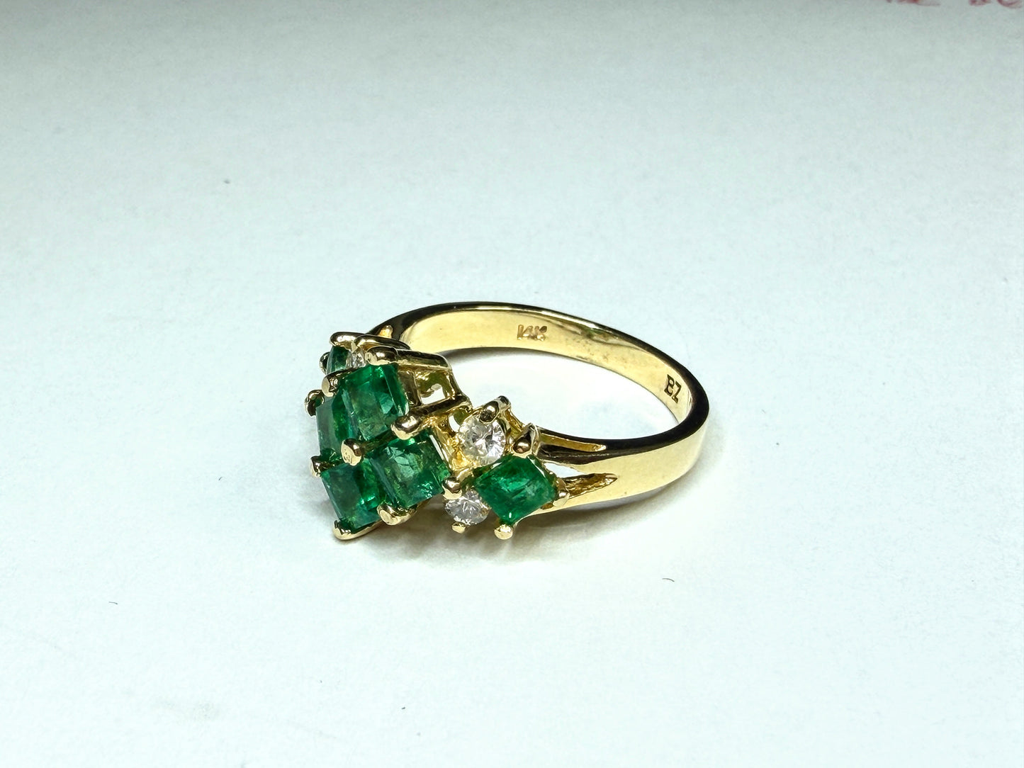 Vintage 14K Yellow Gold Emerald Diamond Princess Cluster Ring Sz 6.25 JR1660
