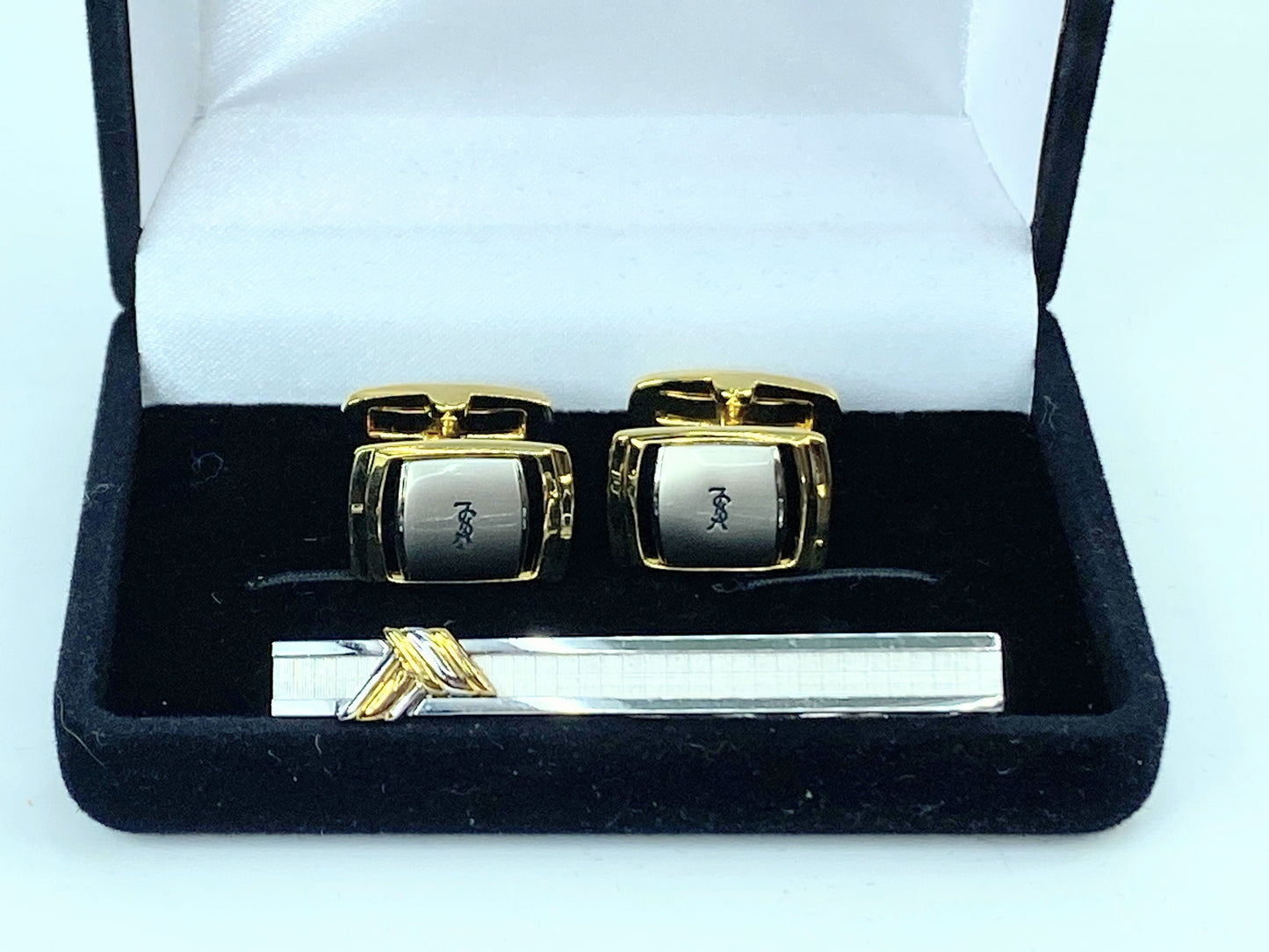 Yves Saint Laurent Tie Clip Cufflinks YSL Gold Silver men's accessory set GS528