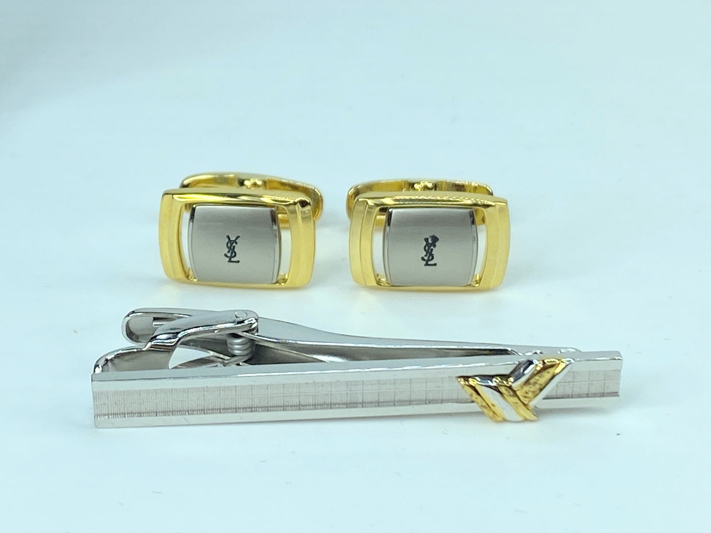 Yves Saint Laurent Tie Clip Cufflinks YSL Gold Silver men's accessory set GS528