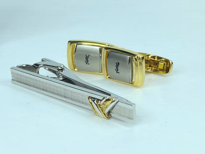 Yves Saint Laurent Tie Clip Cufflinks YSL Gold Silver men's accessory set GS528
