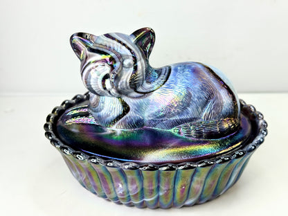 Vintage Fenton Iridescent Chessie Cat Covered Candy Dish A1062