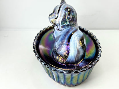 Vintage Fenton Iridescent Chessie Cat Covered Candy Dish A1062