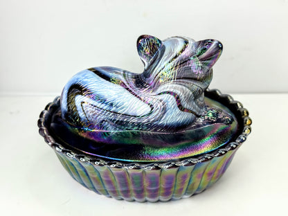 Vintage Fenton Iridescent Chessie Cat Covered Candy Dish A1062