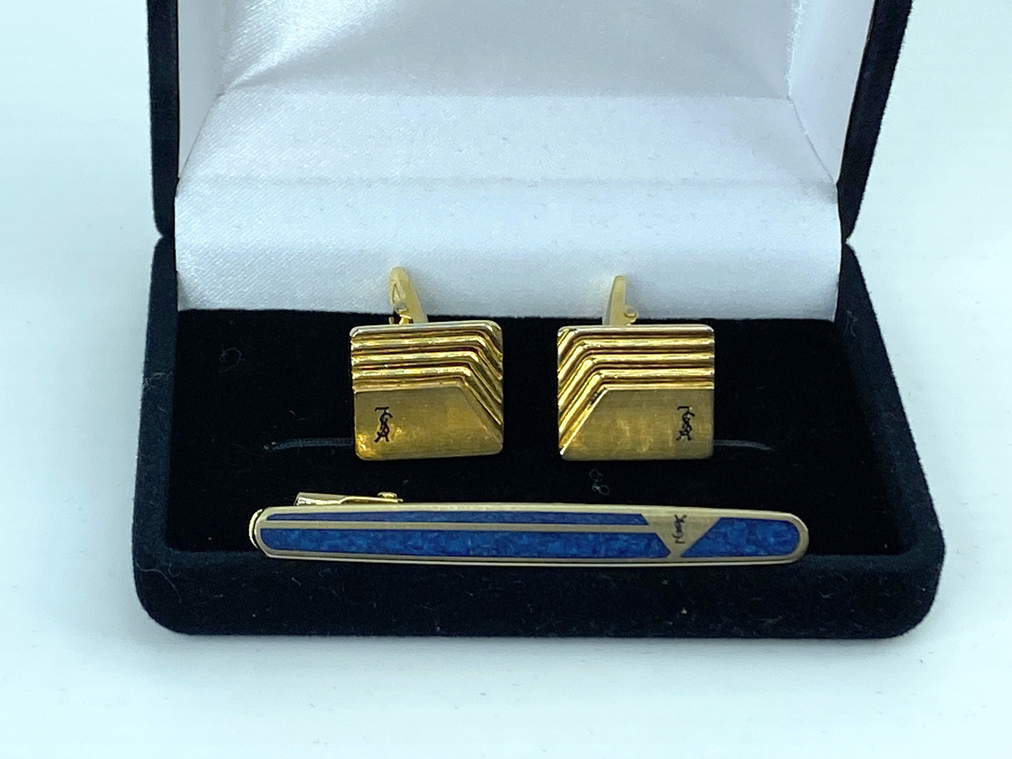 Yves Saint Laurent Tie Clip Cufflinks YSL Gold gilt Navy Blue set GS529