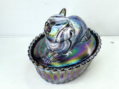 Vintage Fenton Iridescent Chessie Cat Covered Candy Dish A1062