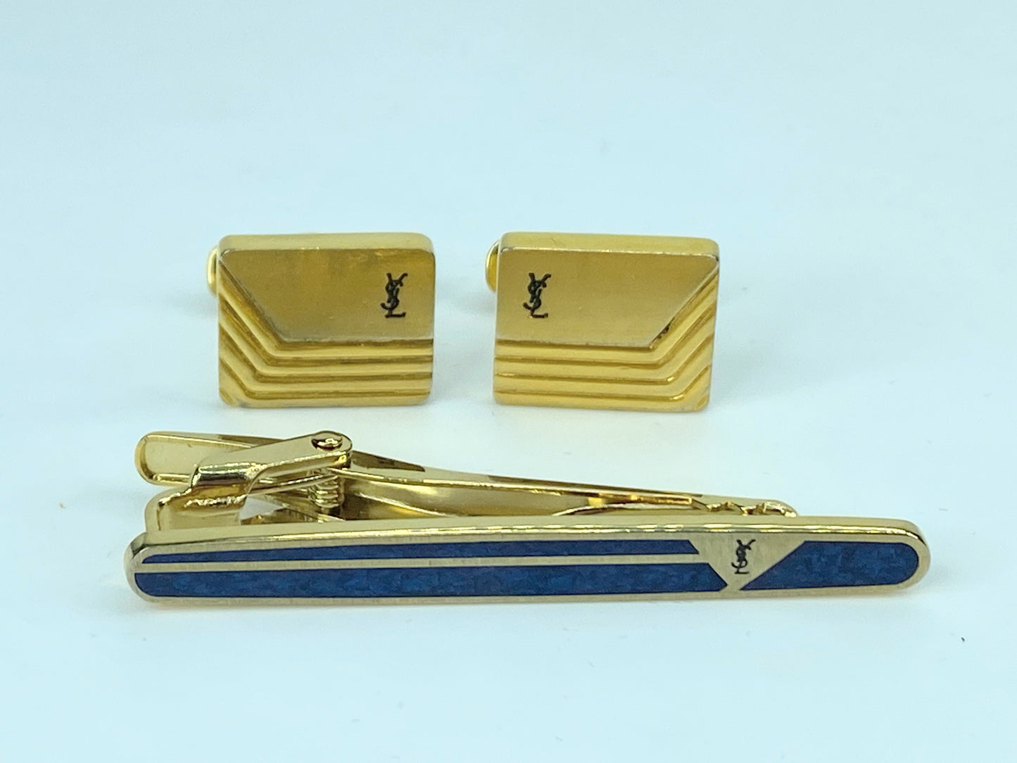 Yves Saint Laurent Tie Clip Cufflinks YSL Gold gilt Navy Blue set GS529