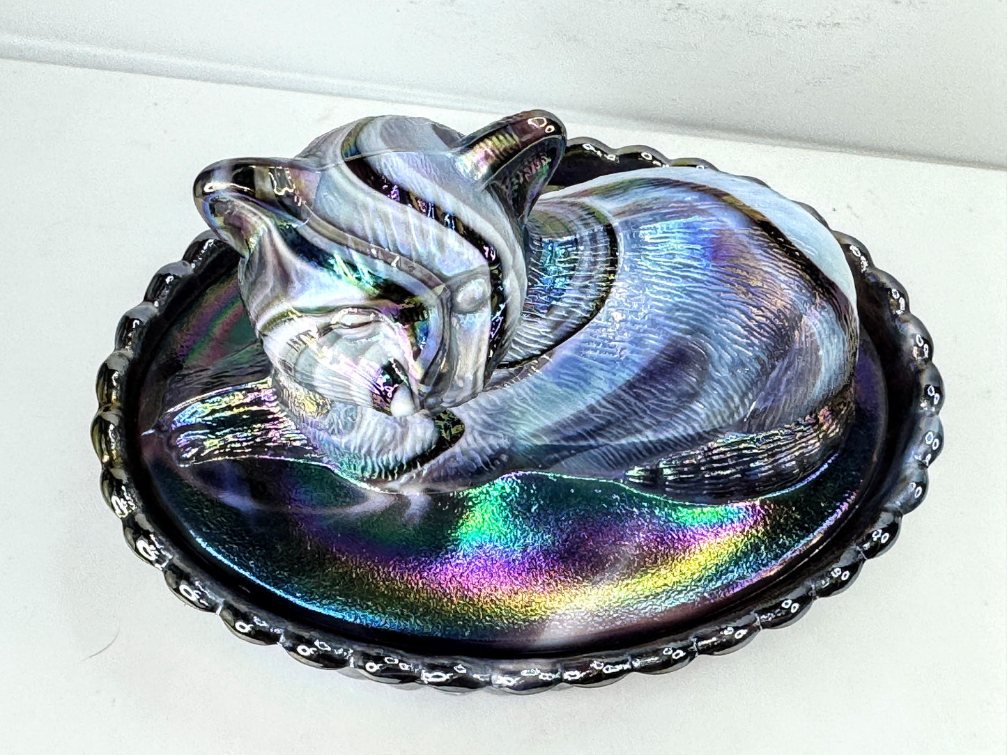 Vintage Fenton Iridescent Chessie Cat Covered Candy Dish A1062